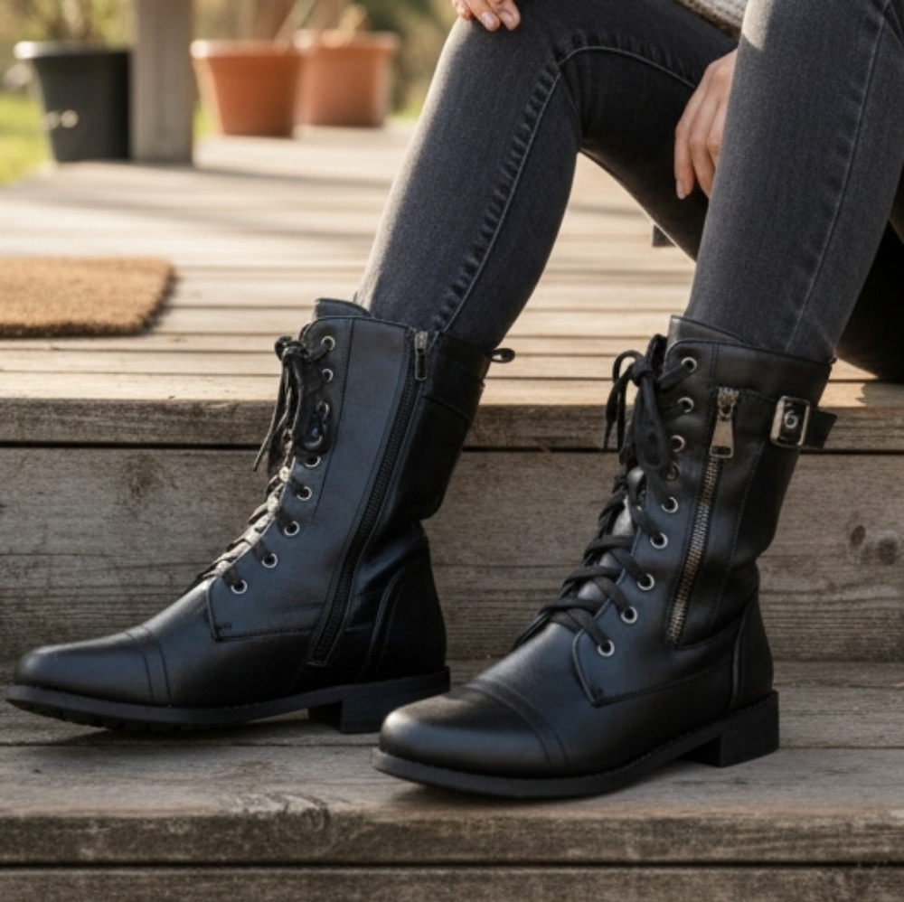 Lace-Up Buckle Side Military Combat Boots Buffed Faux Leather Zipper Shoes